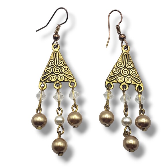 Vintage Gold Brass Tone Dangle Drop Chandelier Faux Pearl Hook Earrings - Picture 1 of 7